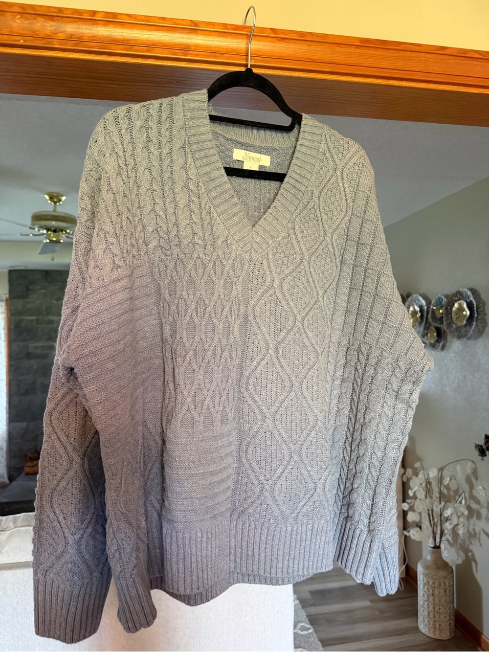 Natural Reflections Light Gray - blueish Cable Knit V-Neck Sweater